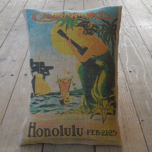 Vintage Hawaiian Burlap Pillow, Hula girl, Hawaii,Farmhouse Pillows, Travel19, INSERT INCLUDED