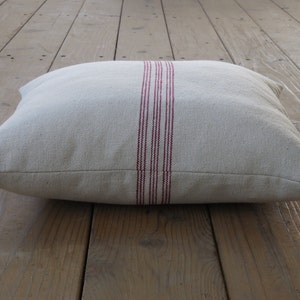 May include: A cream-colored pillow with a red stripe down the center. The pillow is made of a soft, textured fabric and has a zipper closure.