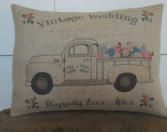 Wedding Truck Burlap Pillow, Farmhouse Pillows, Modern wedding gift,  bridal shower gift, Valentine's Day