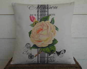 French Rose Stripe Pillow, French Farmhouse Decor, Shabby Chic Pillows, Farmhouse Pillows,