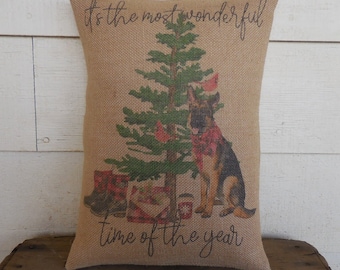 German Shepherd Christmas Burlap Pillow, It's the Most Wonderful Time of the Year, Farmhouse Christmas, Dog Lover Gift