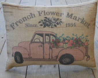 French Pink Flower truck burlap Pillow, French Flower Market, farmhouse pillows, INSERT INCLUDED