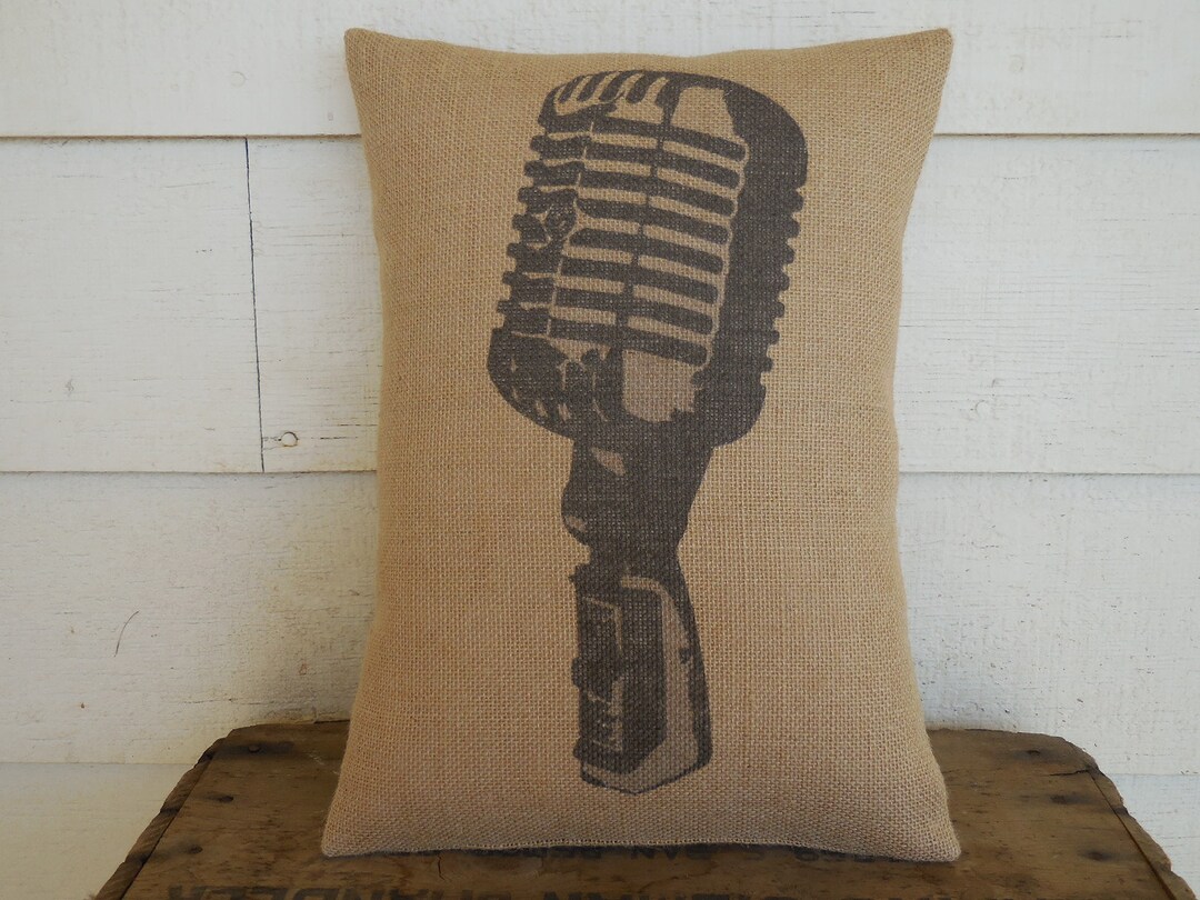 Retro Microphone Burlap Pillow, Sing Pillow, Farmhouse Pillows, INSERT