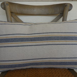 Pu&ograve; includere: Un cuscino a righe con strisce blu e gialle su uno sfondo beige. Il cuscino &egrave; seduto su una sedia di legno.