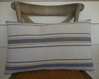 Feed Sack Pillow, Cottagecore Pillow, Navy & Yellow Stripe Pillow, Grain sack Pillow, Feed sack Lumbar Pillow,  Farmhouse decor
