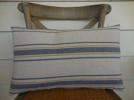 Feed Sack Pillow, Cottagecore Pillow, Navy & Yellow Stripe Pillow, Grain sack Pillow, Feed sack Lumbar Pillow,  Farmhouse decor