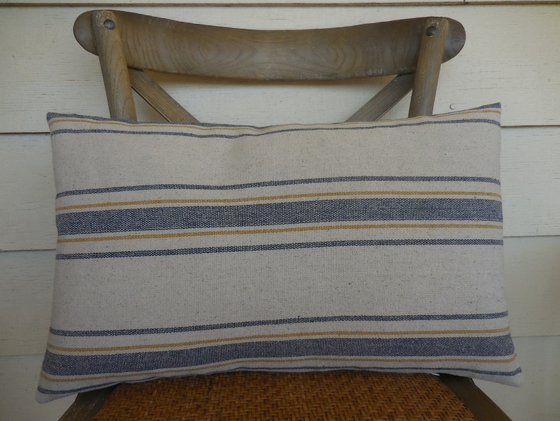 Pu&ograve; includere: Un cuscino a righe con strisce blu e gialle su uno sfondo beige. Il cuscino &egrave; seduto su una sedia di legno.