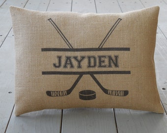 Personalized Ice Hockey Burlap Pillow, Vintage Hockey Pillow,  Farmhouse Pillows