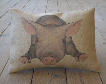 Pig Burlap Pillow, Shabby Chic Decor, Farmhouse pillows, Farm35,  INSERT INCLUDED