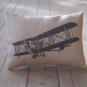 Biplane Burlap Pillow, Aviation,  Airplanes, Airplane Nursery, Farmhouse Pillows, V13,  INSERT INCLUDED