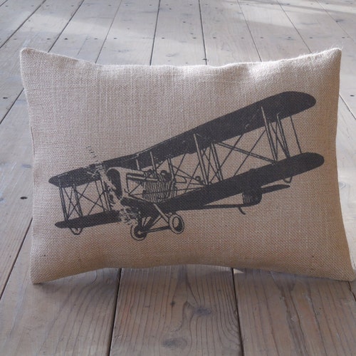 Vintage Airplane Burlap Pillow Aviation Accent Farmhouse Etsy