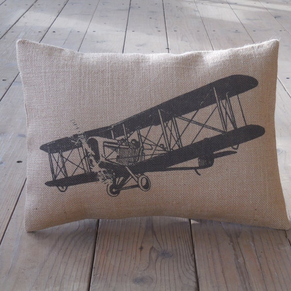 Biplane Burlap Pillow, Aviation,  Airplanes, Airplane Nursery, Farmhouse Pillows, V13,  INSERT INCLUDED