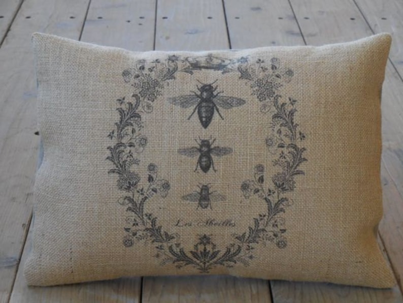 French Bee Burlap Pillow, Farmhouse Pillows, Fixer Upper Style image 1