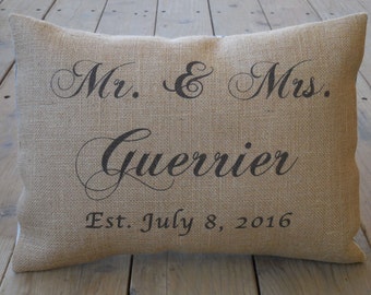 Custom Wedding Burlap Pillow, Rustic Wedding Gift, Farmhouse Pillows