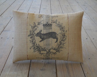 French Rabbit Burlap Pillow, Farmhouse Pillows , Farm21, Shabby Chic, INSERT INCLUDED