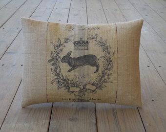 French Rabbit Burlap Pillow, Farmhouse Pillows , Farm21, Shabby Chic, INSERT INCLUDED