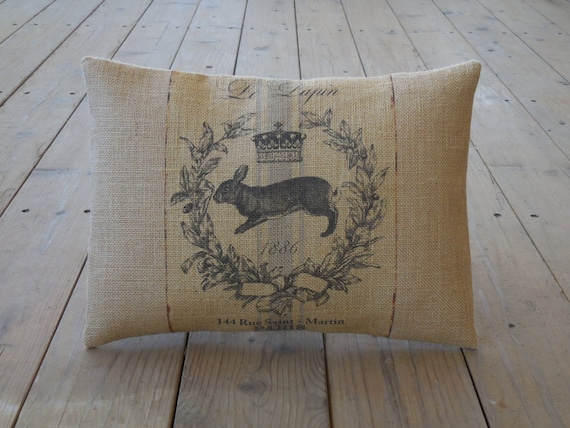 French Rabbit Burlap Pillow, Farmhouse Pillows , Farm21, Shabby Chic, INSERT INCLUDED