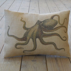 Octopus Burlap Pillow, Ocean Pillows, Farmhouse Pillows, Wild23, INSERT INCLUDED
