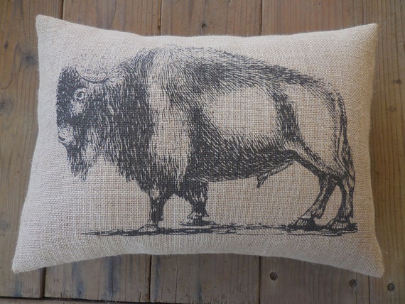 Buffalo Burlap Pillow, Bison Pillow, Southwest decor, Shabby Chic, Lodge, Cabin, Farmhouse Pillows, Wild27, INSERT INCLUDED