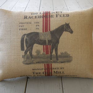 Red Stripe Horse Burlap Pillow, Feed Sack Style pillow, Horse21, Farmhouse Pillows,  INSERT INCLUDED