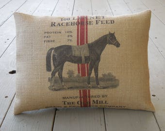 Red Stripe Horse Burlap Pillow, Feed Sack Style pillow, Horse21, Farmhouse Pillows,  INSERT INCLUDED