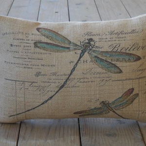French Dragonfly Burlap Pillow, Farmhouse Pillows, Fixer Upper Style, Spring Pillow image 1