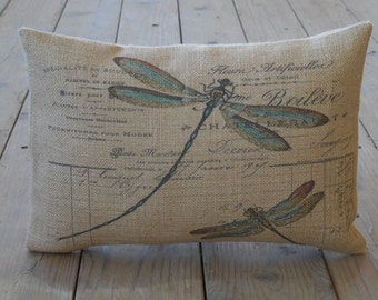 French Dragonfly Burlap Pillow, Farmhouse Pillows, Fixer Upper Style, Spring Pillow