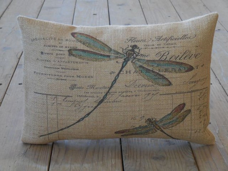 French Dragonfly Burlap Pillow, Farmhouse Pillows, Fixer Upper Style, Spring Pillow image 1