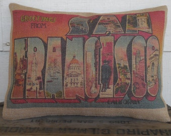 SF Postcard Pillow, Vintage travel decor, San Francisco Pillow, Gift for Travel Lover