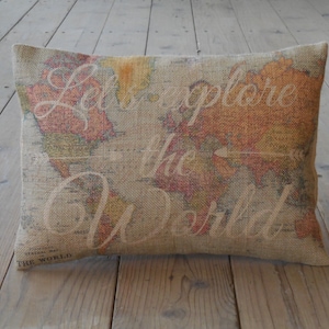 Burlap Map Pillow, Let&#39;s Explore the World, Travel10, Retirement, Shabby Chic, Farmhouse pillows,  INSERT INCLUDED