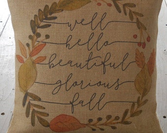 Hello Fall Burlap Pillow, Autumn Decor, Farmhouse Pillows, Thanksgiving