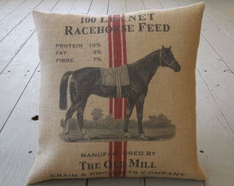 Race Horse Burlap Pillow, Race horse Feed, 17 inch square, Shabby Chic, Horses, Farmhouse pillows, Horse4,  INSERT INCLUDED