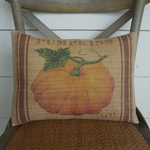 Feed sack Pumpkin burlap Pillow, Farmhouse Pillows, Shabby Chic Decor, Autumn Pillows, Pumpkin Pillow image 1