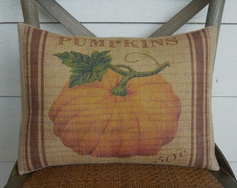Feed sack Pumpkin burlap Pillow, Farmhouse Pillows, Shabby Chic Decor, Autumn Pillows, Pumpkin Pillow