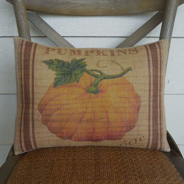 Feed sack Pumpkin burlap Pillow, Farmhouse Pillows, Shabby Chic Decor, Autumn Pillows, Pumpkin Pillow