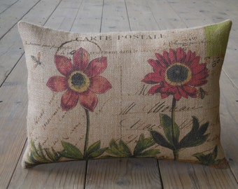 Flower Postcard burlap Pillow, French orange red flowers, Farmhouse Pillows, Shabby Chic, Mother's Day Gift,  INSERT INCLUDED