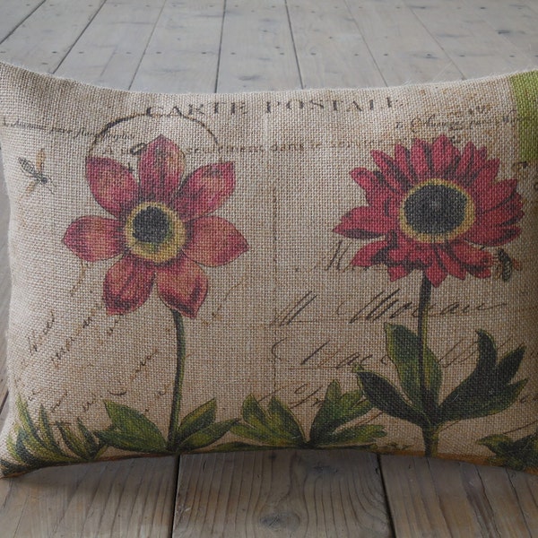 Flower Postcard burlap Pillow, French orange red flowers, Farmhouse Pillows, Shabby Chic, Mother's Day Gift,  INSERT INCLUDED