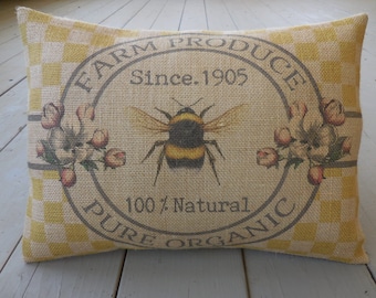 Farmhouse Bee Burlap Pillow, Farmhouse Pillows, Bee Pillow, Bee Lover Gift, Insert included