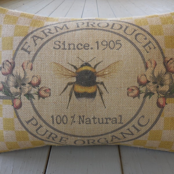 Farmhouse Bee Burlap Pillow, Farmhouse Pillows, Bee Pillow, Bee Lover Gift, Insert included