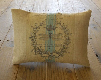 French Dragonfly Burlap Pillow, Farmhouse Pillows, Shabby Chic 18, INSERT INCLUDED