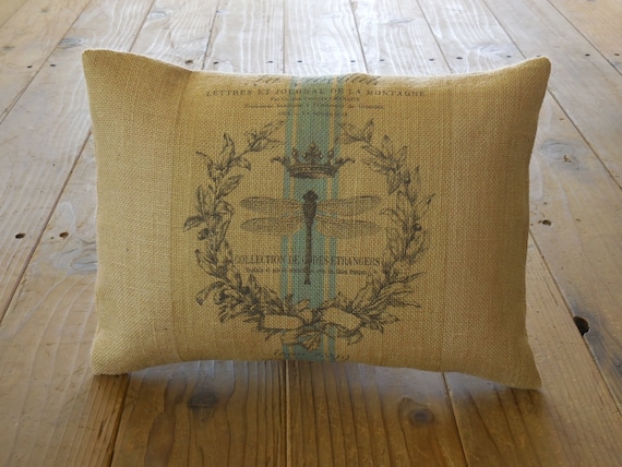 French Dragonfly Burlap Pillow Farmhouse Pillows Shabby Chic Etsy
