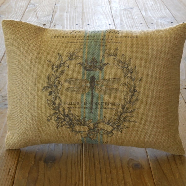 French Dragonfly Burlap Pillow, Farmhouse Pillows, Shabby Chic 18, INSERT INCLUDED