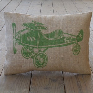 Green Airplane Burlap Pillow, Green, Aviation Accent, Nursery, Farmhouse Pillows, Kid6,  INSERT INCLUDED