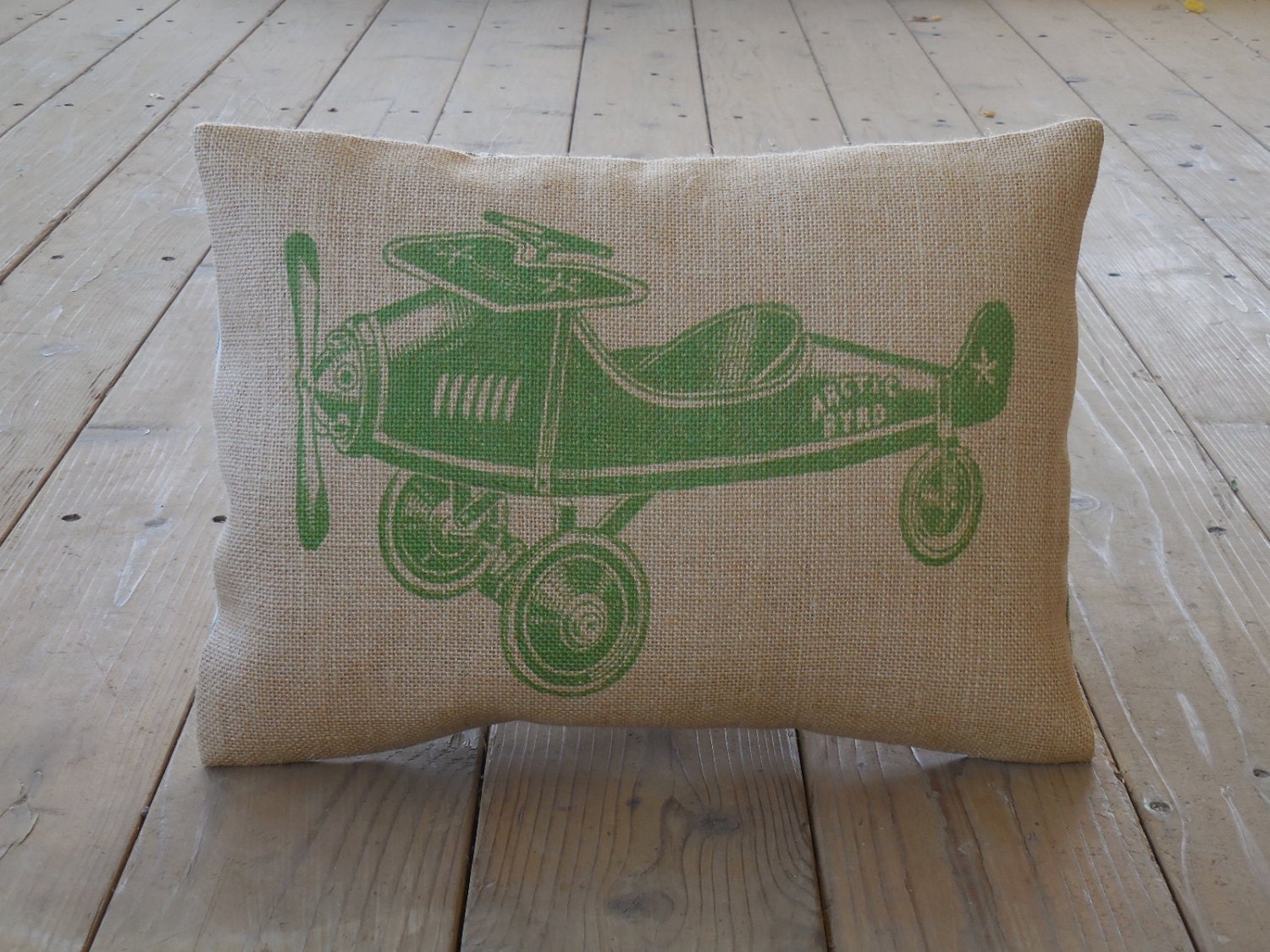 Green Airplane Burlap Pillow, Green, Aviation Accent, Nursery