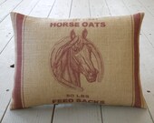 Horse shoe Burlap Pillow, Red stripes Feed Sack Style pillow, Horse Lover Gift, Farmhouse Pillows, Horse5, INSERT INCLUDED