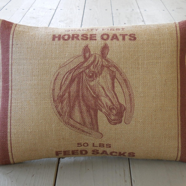 Horse shoe Burlap Pillow, Red stripes Feed Sack Style pillow, Horse Lover Gift, Farmhouse Pillows, Horse5,  INSERT INCLUDED