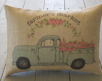 Roses Aqua Truck Pillow,  Vintage Truck, Rustic French Farmhouse, Shabby Chic 22, Farmhouse Style, INSERT INCLUDED