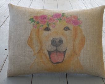 Golden Retriever Burlap Pillow, Flower Garland Dog Decor, Shabby Chic, Farmhouse Pillows, Dog17,  INSERT INCLUDED
