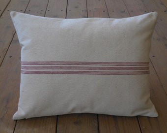 French Grain Sack Pillow,  Red Stripe Pillow,  French Farmhouse Decor, Cottagecore Pillow