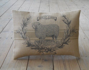 Sheep Farm Burlap Pillow,  Farmhouse Pillows, Shabby Chic,  Farm59,  INSERT INCLUDED